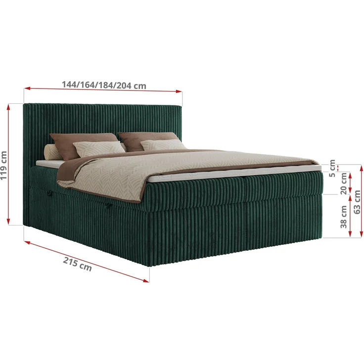 Boxspringbett mit Kopfteil und Topper T25, Cord Bett - TILIANO - 180 x 200 cm - Dunkelgrün Cord - H4 – Bild 5