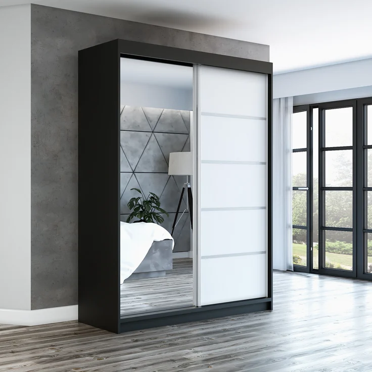 Schwebetürenschrank GAP 2-türig Schrank 180 cm (mit Spiegel) Farbe: Schwarz, weiß – Bild 2