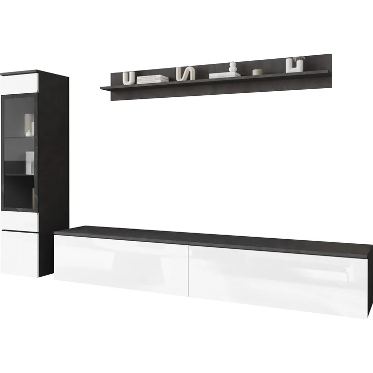 Wohnwand Doppo I (Farbe: Matera / Weiß Hochglanz, ohne Beleuchtung)
