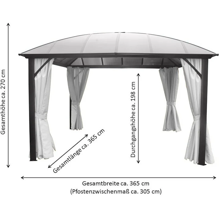 LECO Kuppeldachpavillon, Aluminium- und Stahlrohrgestell anthrazit, Polycarbonat-Dach grau-transparent, Polyester-Seitenteile lichtgrau, 3,65x3,65 m – Bild 6