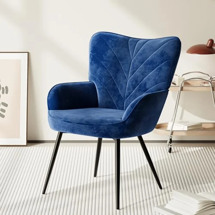 COLAMY Wohnzimmer Sessel, Samtbezogener Relaxsessel mit hoher Rückenlehne, Gepolsterter Komfortsessel mit Wingback-Design, Lounge Chair mit Holzbeinen für Wohnzimmer, Leseecke, Blau – Bild 2