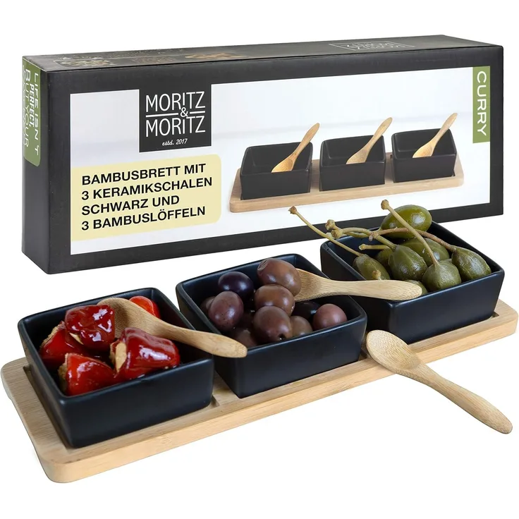 Moritz & Moritz Servierplatte Servierplatte mit Dip Schälchen, Schiefer, Keramik, Bambus, (Curry, 7-tlg)