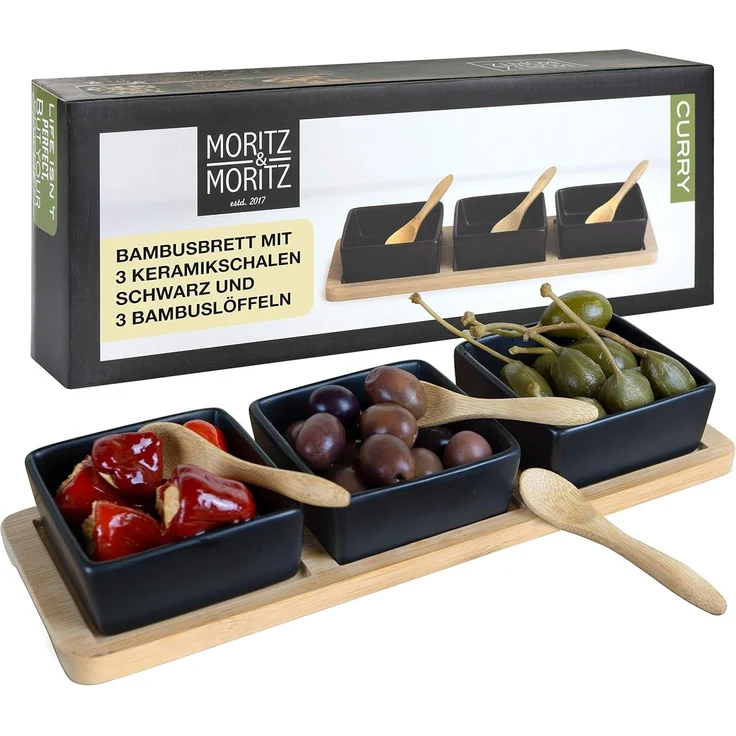Moritz & Moritz Servierplatte Servierplatte mit Dip Schälchen, Schiefer, Keramik, Bambus, (Curry, 7-tlg) – Bild 1