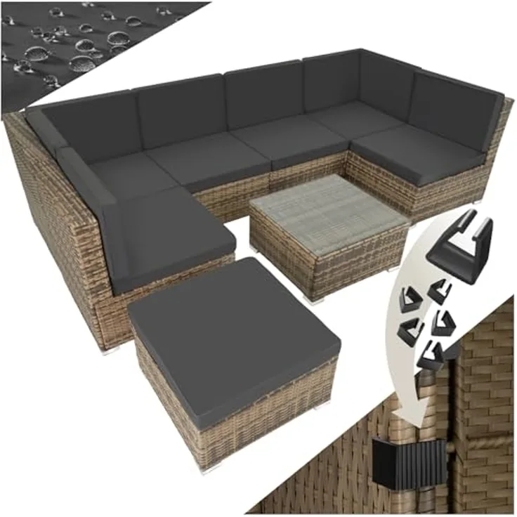 tectake XXL Polyrattan Lounge, Gartenmöbel Set, Sitzgruppe, Balkon Möbel mit 6 Sitze 1 Tisch 1 Hocker, inkl. Sitzkissen, Gartenlounge Outdoor, wetterfest, für Garten, Balkon, Terrasse - Natur