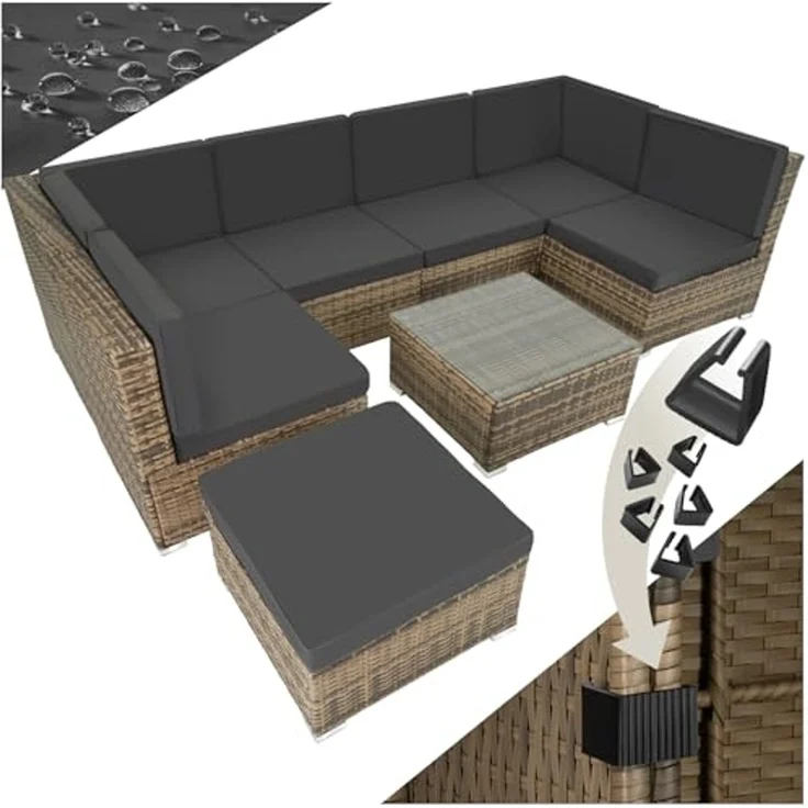tectake XXL Polyrattan Lounge, Gartenmöbel Set, Sitzgruppe, Balkon Möbel mit 6 Sitze 1 Tisch 1 Hocker, inkl. Sitzkissen, Gartenlounge Outdoor, wetterfest, für Garten, Balkon, Terrasse - Natur – Bild 1