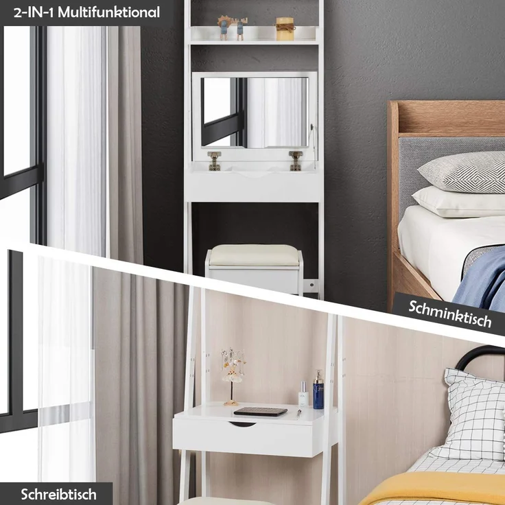 COSTWAY Schminktisch mit Klappspiegel, Hocker, Haken und Ablagefächern, Holz weiß, 60 x 40 x 180 cm – Bild 2