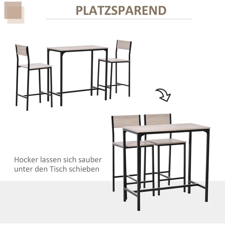 HOMCOM Bargruppe Esstisch mit 2 Barhocker, (Sitzgruppe, 3-tlg, Essgruppe), Natur+Schwarz MDF Metall – Bild 6