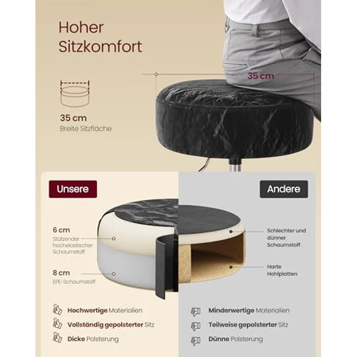VASAGLE Schminkhocker 2er Set, Schminkstuhl, Sitzhocker, höhenverstellbar, 360° drehbar, PU, Dicke Polsterung, für Schlafzimmer, Küche, Esszimmer, modern, tintenschwarz ZH2504014 – Bild 5
