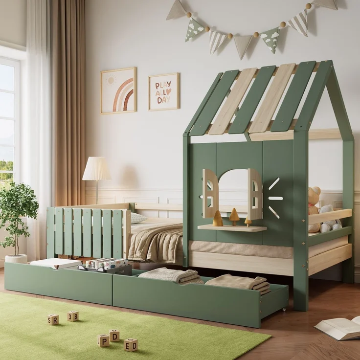 Hausbett mit Rausfallschutz, Lattenrost und Schubladen, 90x200 cm, Kinderbett, Kiefer, Einzelbett – Bild 2