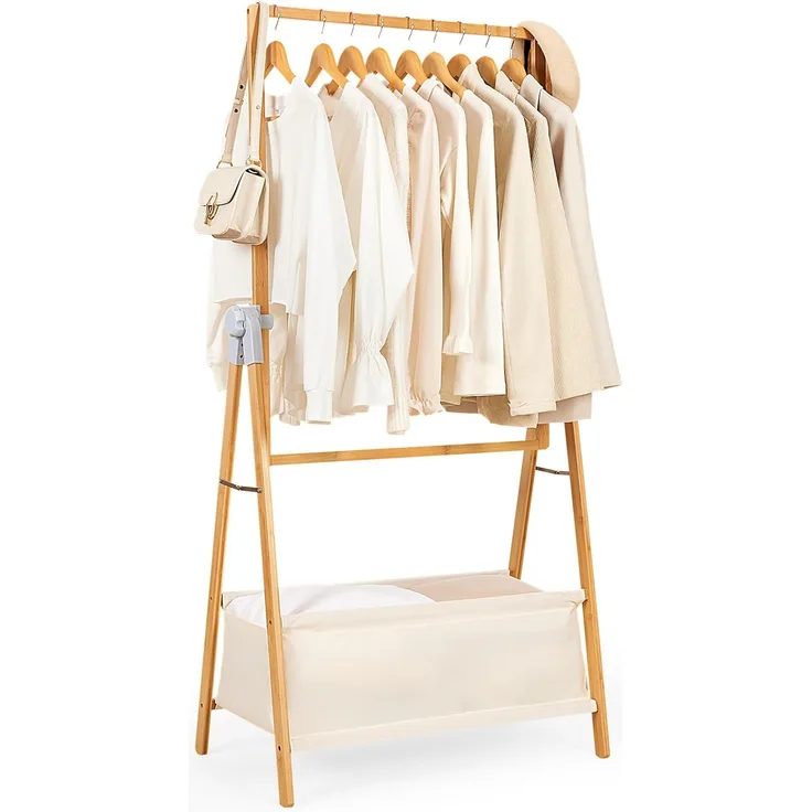 Yorbay Kleiderständer Bambus Garderobenständer mit Aufbewahrungskiste, Freistehender, (Kleiderständer mit Stoffsäcken, Faltbarer Garderobe), zum Aufbewahren von Kleidung 80 x 45 x 177 cm