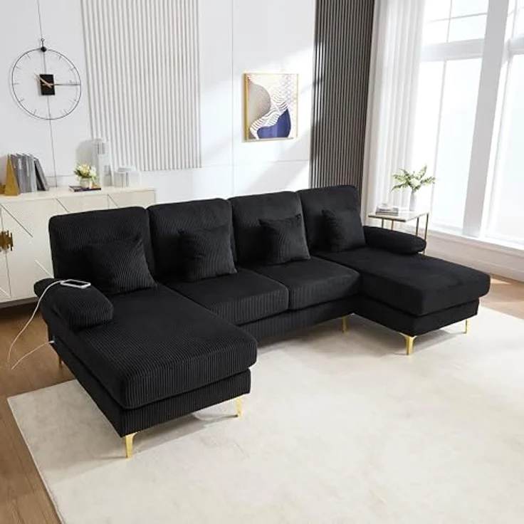 Ball & Cast U-förmiges Couch mit Schlaffunktion, Samt Sofa mit Lichtleiste und USB-Anschlüssen für das Wohnzimmer Wohnung Villa, 265 x 88 x 135 (BxHxT), Schwarz – Bild 3