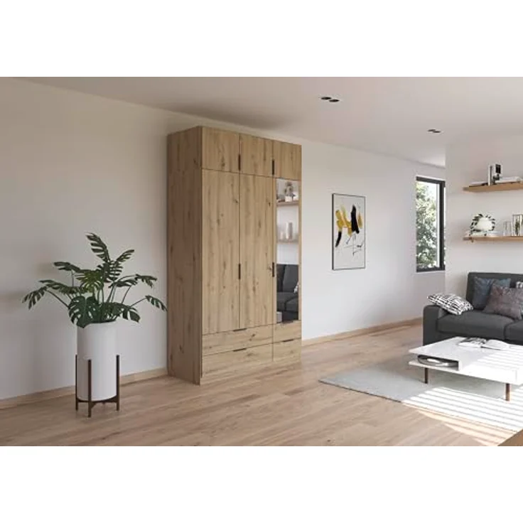 Rauch Möbel Lagoa, Kleiderschrank, Garderobe für Schlafzimmer, Kinderzimmer, Jugendzimmer 6-türig, mit Spiegel, 4 Schubladen, mit Zubehör Premium, Farbe Eiche Artisan, Holz, Breite 136 – Bild 3