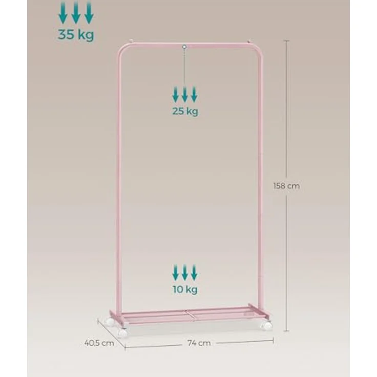 Songmics Kleiderständer, Kleiderstange auf Rollen, Garderobenständer 74 cm breit, Rollgarderobe mit Gitterablage, bis 35 kg belastbar, 2 Rollen arretierbar, Stahlrahmen, pastellrosa HSR130R01 – Bild 7