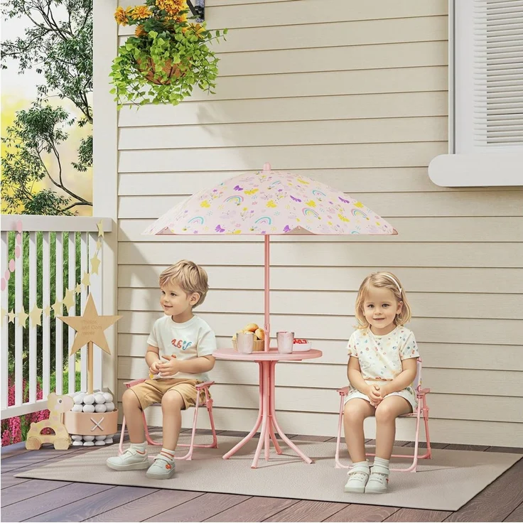 AIYAPLAY Garten-Kindersitzgruppe Kindersitzgarnitur, (mit Tisch, Klappstuhl, Sonnenschirm, 4-tlg, für Camping, 2-5 Jahre Kinder), Rosa – Bild 5