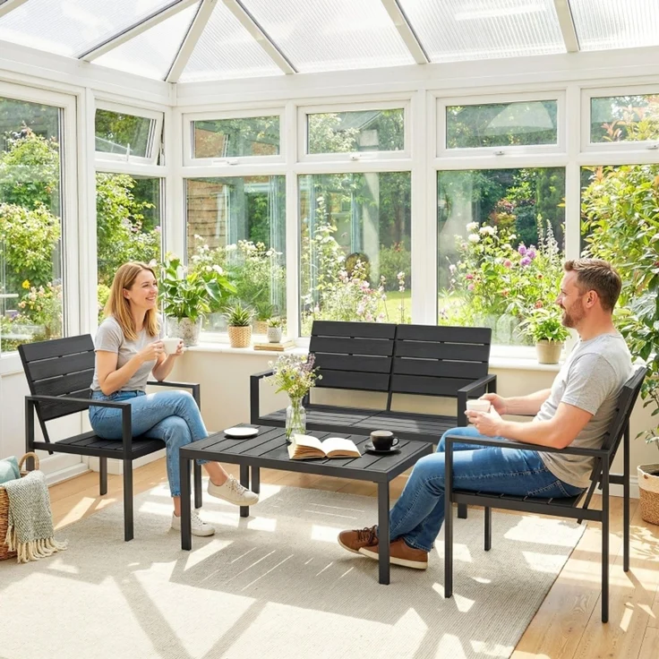 Gartenmöbel Set Sitzgruppe für 4 Personen Gartenlounge mit 2er Sofa 2 Sessel Beistelltisch Lamellendesign Schwarz--Schwarz--104x71x76.5cm--YOUDENOVA – Bild 8