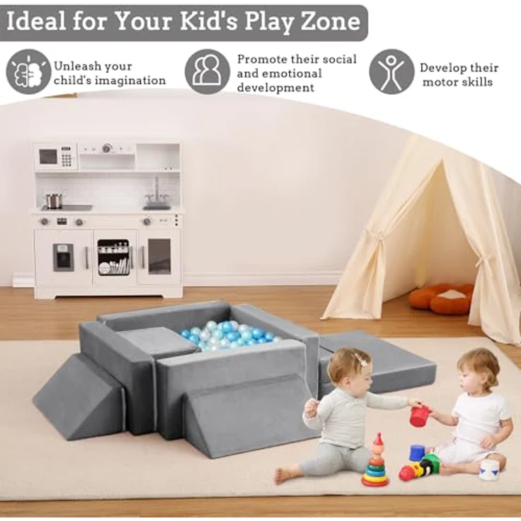 Kindersofa, 12 Stück, Sofa für Kinder mit Schaumstoffblöcken, dick, widerstandsfähig, mit verdecktem Reißverschluss, modulares Sofa, faltbar, Grau – Bild 7