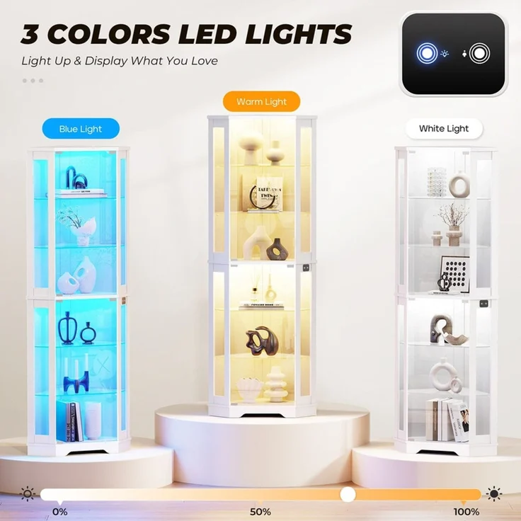 Eckvitrine 65x45x180 cm, 6-stöckige Glasvitrine mit LED-Beleuchtung, Glastüren und Bewegungssensor, Weiß – Bild 5