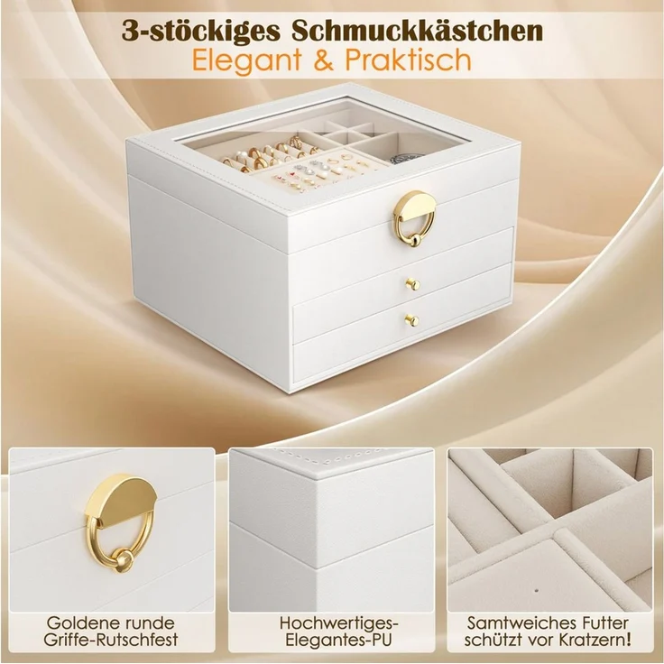 POPOLIC Schmuckkassette 3-stöckige Schmuckschatulle mit Deckel, Einteilern und Tragegriff – Bild 4