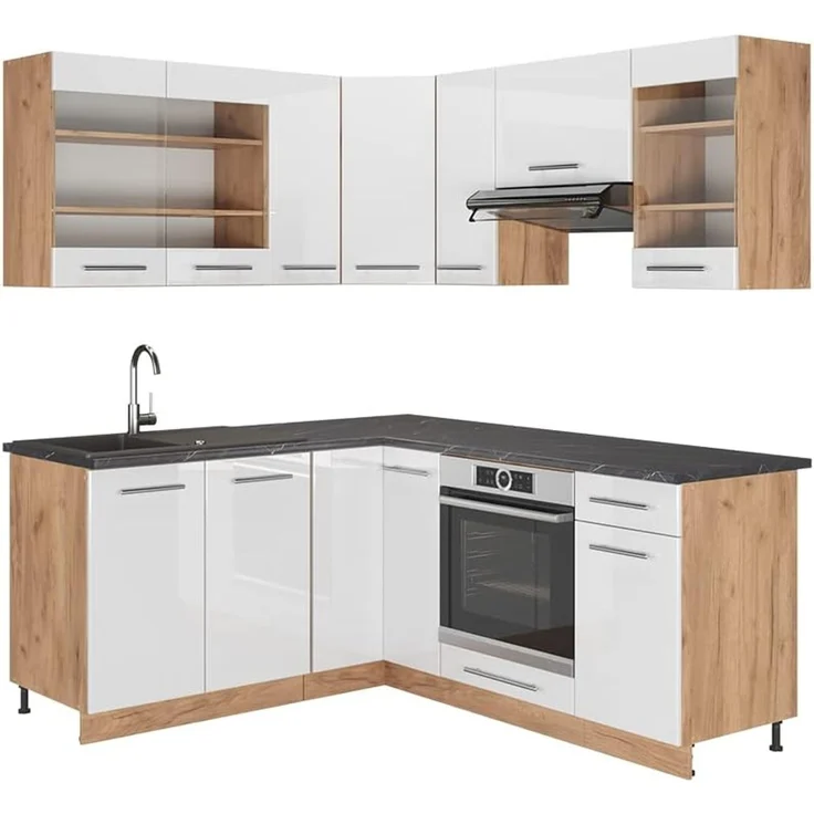 Eckküche Fame-Line Weiß Hochglanz/Goldkraft Eiche 190 x 160 cm ohne Arbeitsplatte Vicco – Bild 1
