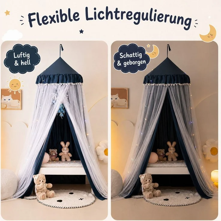 LMaxhome Himmelbett Doppellagiger, Betthimmel mit Moskitonetz, Lichtschutz für Kinder (1-tlg), 270 cm hoher Baldachin fürs Kinderzimmer, 65-cm-Ring, Deckenmontage – Bild 2