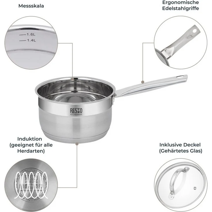 RESTO Kitchenware Kasserolle Rigel, Soßentopf 1,9 l, energiesparend und spülmaschinenfest, Edelstahl 18/10 (2-tlg), mit hitzebeständigem Glasdeckel, im Geschenkkarton – Bild 4
