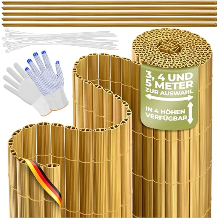 KESSER® PVC Sichtschutzmatte Sichtschutzzaun 80x500cm Balkonverkleidung Windschutz verstärkte Lamellen für Garten Balkon & Terrasse Balkonumrandung inkl Kabelbindern, Abdeckung & Handschuhe Bambus – Bild 1