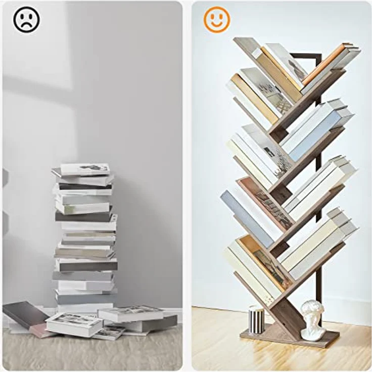 HOOBRO Bücherregal, Standregal mit 9 Ebenen, Holz DVD Regal, in Baumform, Metallgestell, für Wohnzimmer, Arbeitszimmer, Kinderzimmer, Greige EBG08SJ01G1 – Bild 6