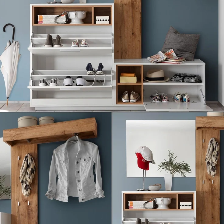 Stella Trading Sixx Flurgarderoben Set in Weiß Hochglanz/Sandeiche Optik - Moderne Kompaktgarderobe 4-teilig für Ihren Eingangsbereich - 195 x 195 x 36 cm (B/H/T) – Bild 5