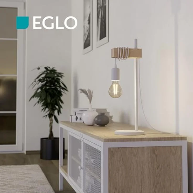 Eglo 'Townshend' LED-Tischleuchte, Stahl weiß / Holz natur, 15,5x50cm, E27 – Bild 4