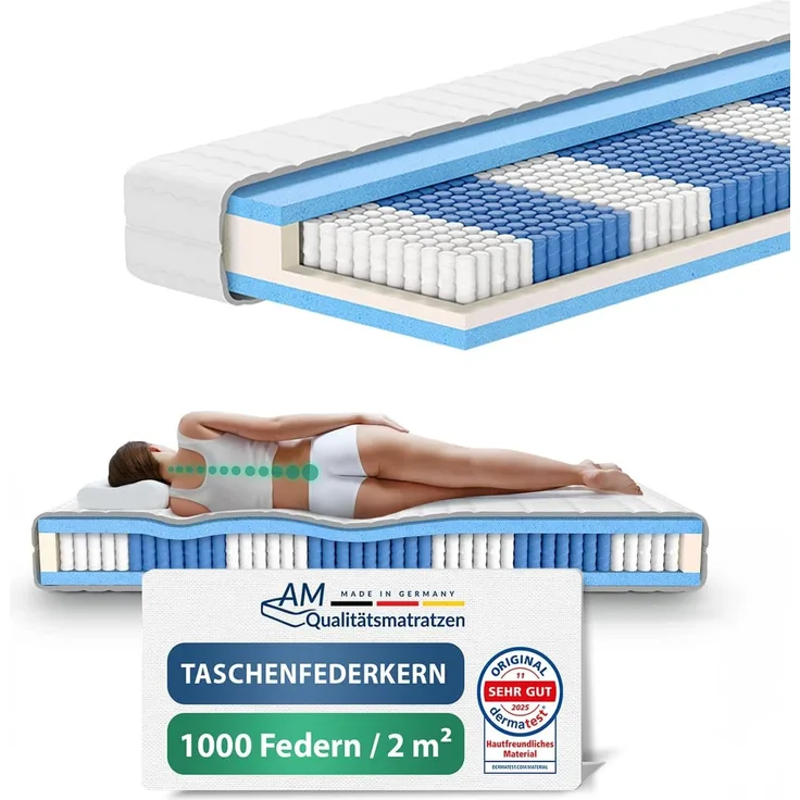 AM Qualitätsmatratzen 1000 Federn 7-Zonen Taschenfederkernmatratze 90x200 cm - 24 cm Premiumhöhe - 1.000 Federn Matratze 90x200 cm - H2