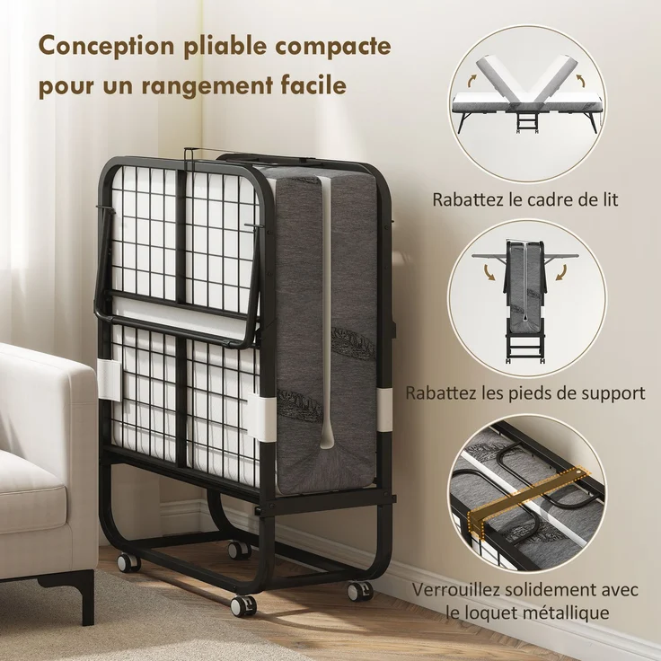 Klappbett für 1 Person, 200 x 80 cm, mit Matratze, zusammenklappbares und transportables Zusatzbett auf Rollen, Stahlrahmen, weiß – Bild 8