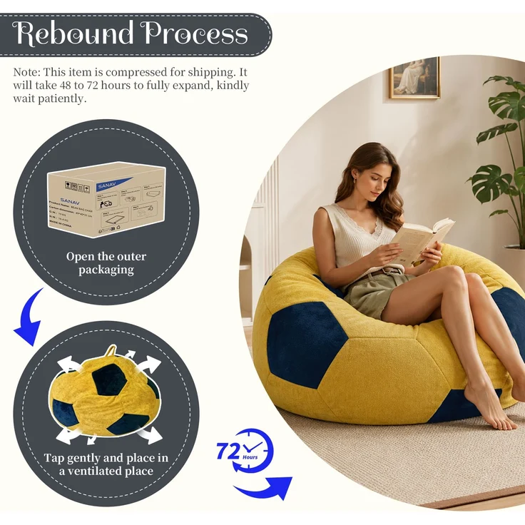 Kleiner, fußballförmiger Sitzsack, mehrfarbige Ziernähte, großer Sitzsack, bequemes Sofa zum Entspannen im Schlafzimmer, Wohnzimmer, Leseecke, Lounge-Sessel für Erwachsene und Jugendliche – Blau + Gelb – 48 x 38 x 21 cm – YOUDENOVA – Bild 7