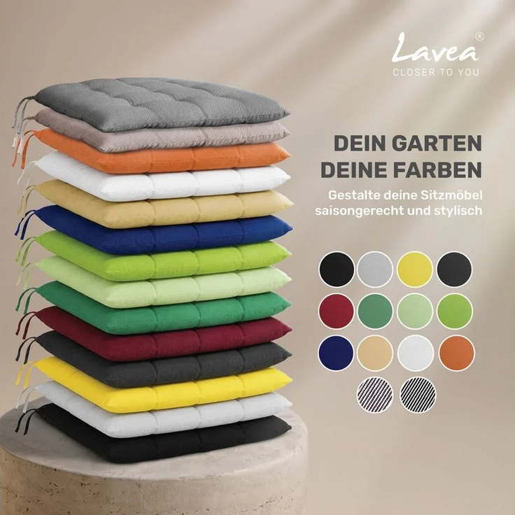 Lavea Stuhlkissen Lavea® Sitzkissen & Stuhlkissen 40x40 cm – 4er/8er Set, 40x40x3 cm, mit Stoffbändern, Indoor & Outdoor, für Garten & Balkon – Bild 4