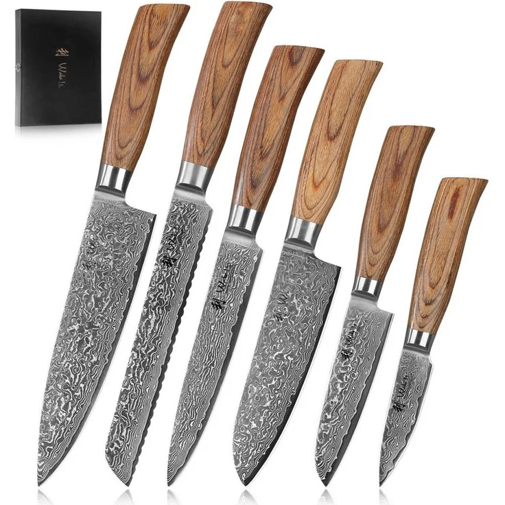 Wakoli Messer-Set Edib Pro 6 Damastmesser I Küchenmesser Kochmesser I 8-20cm Klingen (Damastmesser mit Geschenkbox, 6-tlg, 6er Damastmesser-Set mit Holzbox), 67 Lagen Damaststahl, VG-10 Stahlkern – Bild 5