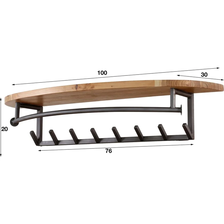 Garderobe Ovrund aus massivem Akazienholz, Industrial Design, natur, mit Hutablage und 8 Haken – Bild 3
