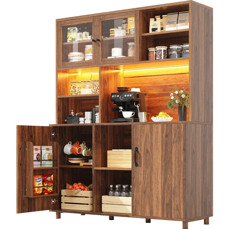 Hochschränke fürs Wohnzimmer(140×40×185cm), Küchenschrank,Esszimmerschrank,Schränke mit LED-Beleuchtung, Schranktür mit Snackablage,Retro-Stil, Walnussfarbe--Walnussbraun--140x40x185cm--YOUDENOVA – Bild 6