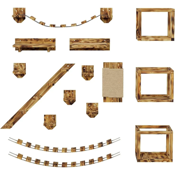 QLS Katzen-Kletterwand Deckenmontage und Wandmontage Geflammt 15-tlg, Set XXL Hängebrüke Katzenbett Katzenregal – Bild 9