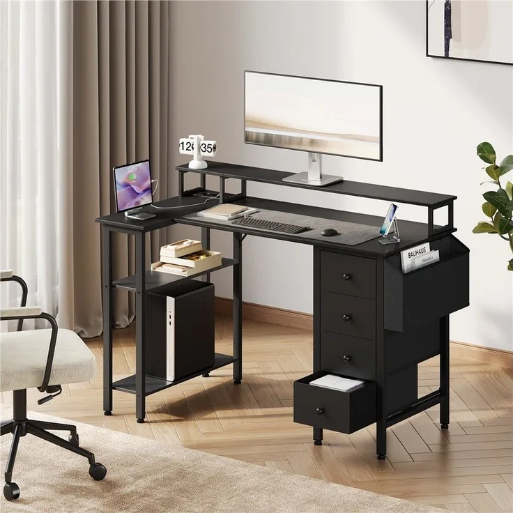 Yaheetech Computertisch Umkehrbarer Gaming-Schreibtisch mit Monitorhalterung, 120 cm L × 68 cm B × 86,5 cm H L-förmiger mit Steckdose