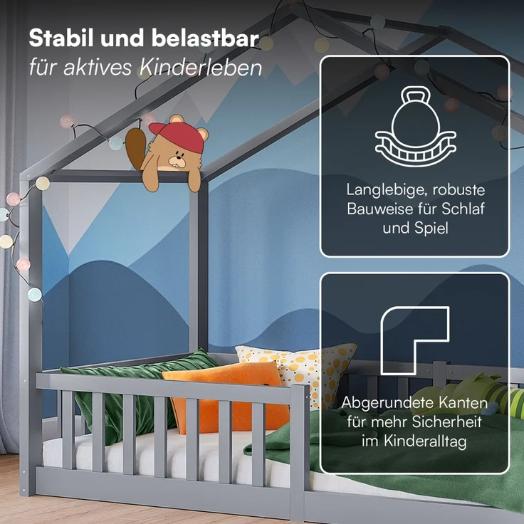 Bellabino 'Bia' Hausbett 90x200 cm, grau, Kiefer Massivholz, Bodenbett in Hausoptik, Montessori Kinderbett mit Rausfallschutz und Lattenrost – Bild 6