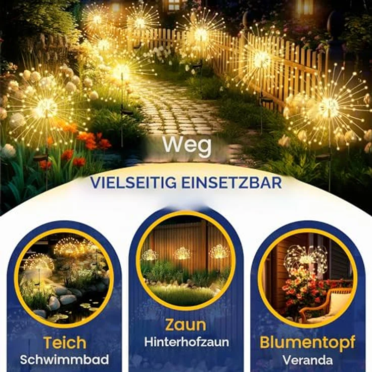 GIGALUMI Pusteblume Solarleuchten, 4 Stück mit 120 LEDs, Wetterfest für Balkon und Terrasse, flexible Kupferdraht-Dekoration – Bild 5