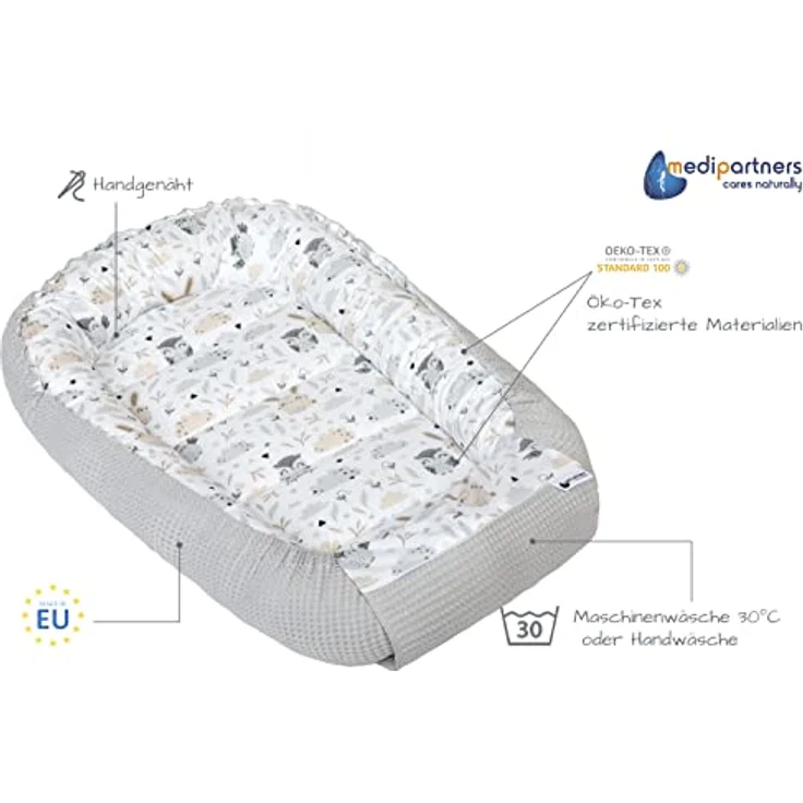 Medi Partners Babynest Kuschelnest Babynestchen 100% Baumwolle Waffle Nestchen Reisebett für Babys Säuglinge 100 x 60 x 15 cm Sicherer Verschluss (Lichtung mit Grauer Waffle) – Bild 6
