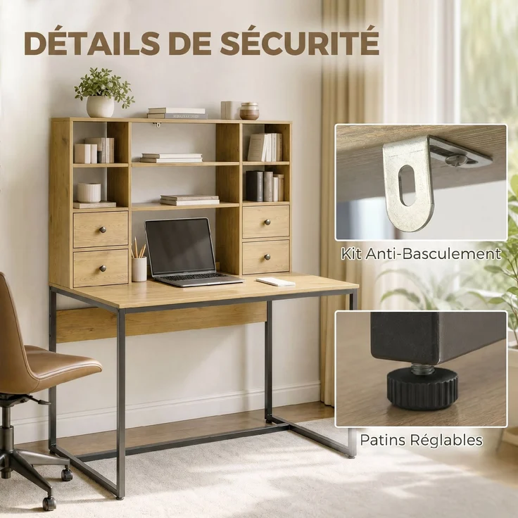 Computerschreibtisch mit 4 Schubladen, 105 x 60 cm, Schreibtisch mit Stauraum, offene Regale, 105 x 60 cm, Naturholz – Bild 9