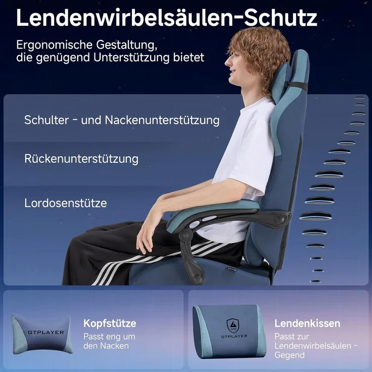 GTPLAYER Gaming-Stuhl Stoff Gaming Chair Ergonomisch Bürostuh PC Stuhl, 150kg Belastbarkeit, Schreibtischstuh mit Federsitzkissen und Fußstütze – Bild 3