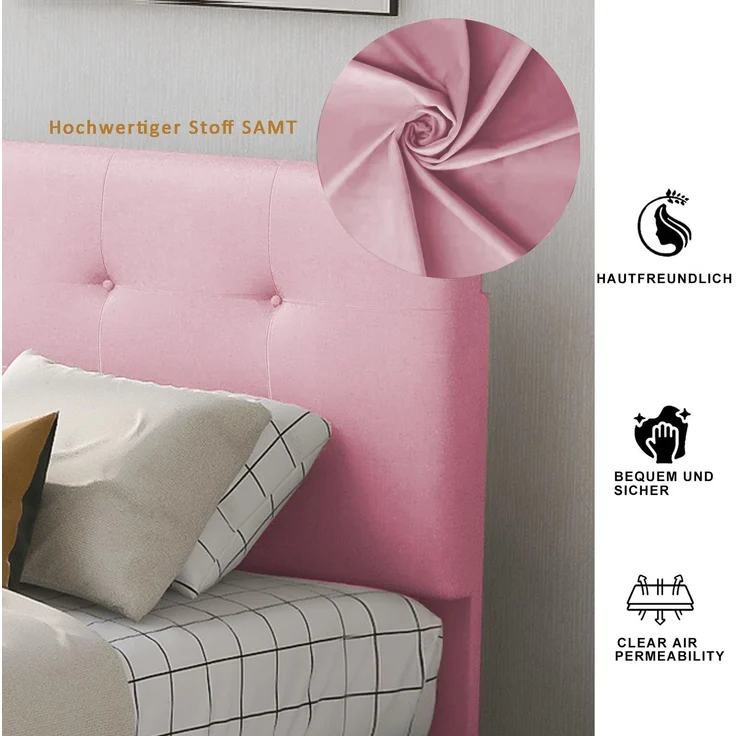 Merax Polsterbett 90 x 200 cm Bett mit Lattenrost, Rückenlehne und zwei Schubladen, hautfreundlicher Samtstoff Beige flaches Gästebett (Rosa) – Bild 6