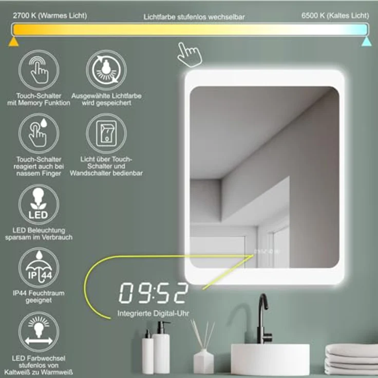 HOKO LED Badspiegel KÖLN 50x70 cm, antibeschlagfähig mit Digitaluhr und Touch-Wandschalter, Design Wandspiegel für Badezimmer – Bild 3