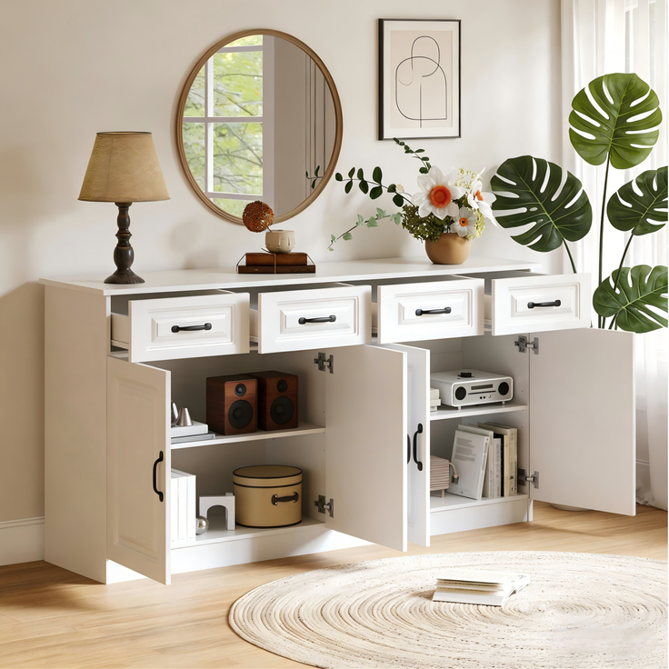 DESVIAE Sideboard mit 4 Schubladen und 4 Türen 160x80x35 cm MDF Weiß – Bild 2