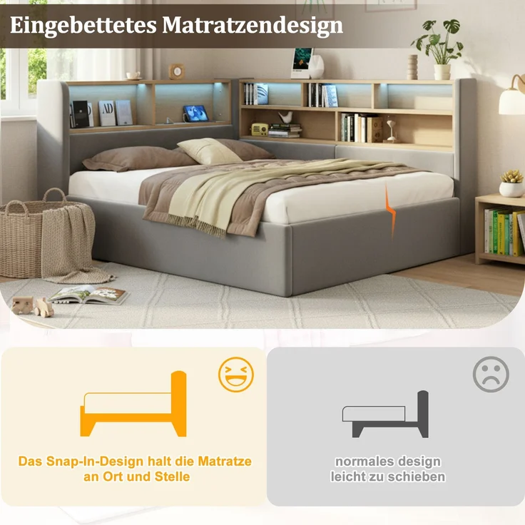 Daybett 140x200 cm mit hydraulischem Stauraum, Polsterbett, Tagesbett, Schlafsofa mit LED, USB & Rückenlehne, Samt, grau – Bild 5
