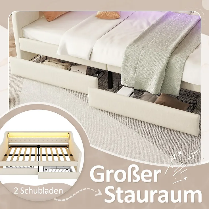 Schlafsofa mit LED-Streifen, Lattenrost und 2 Schubladen, 90x200cm, Polsterbett, Einzelbett, Jugendbett, Leinenbezug – Bild 4