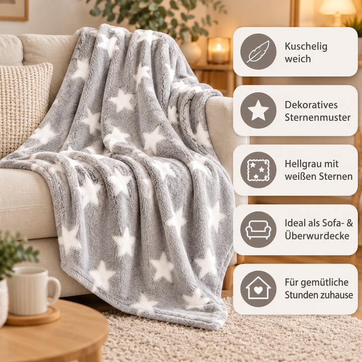 Kuscheldecke mit Sternen Hellgrau 180x220 cm – Bild 4