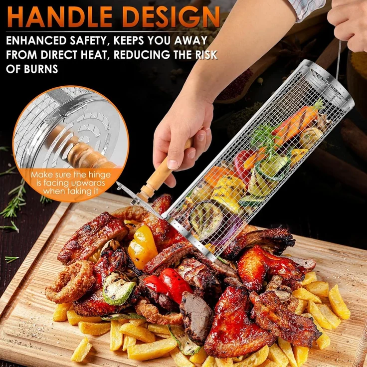 2er-Pack Grillkörbe mit Holzgriff, rund, Edelstahl, für Outdoor & Camping (45 cm) – Bild 7